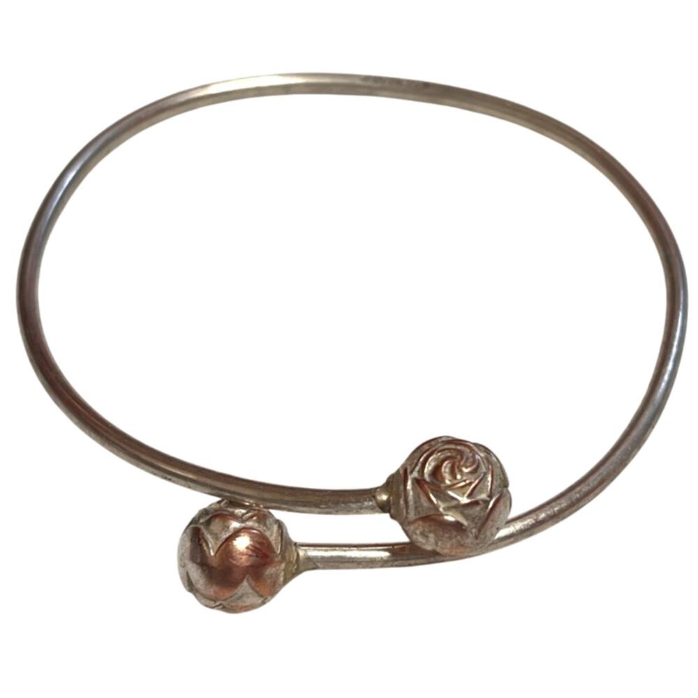 Sterling Silver Bypass Cuff Bangle Rose Floral End Caps Vintage Collectible